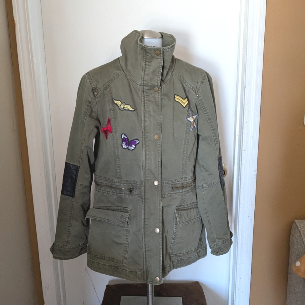 Olive Green Military Style Jacket with Patches